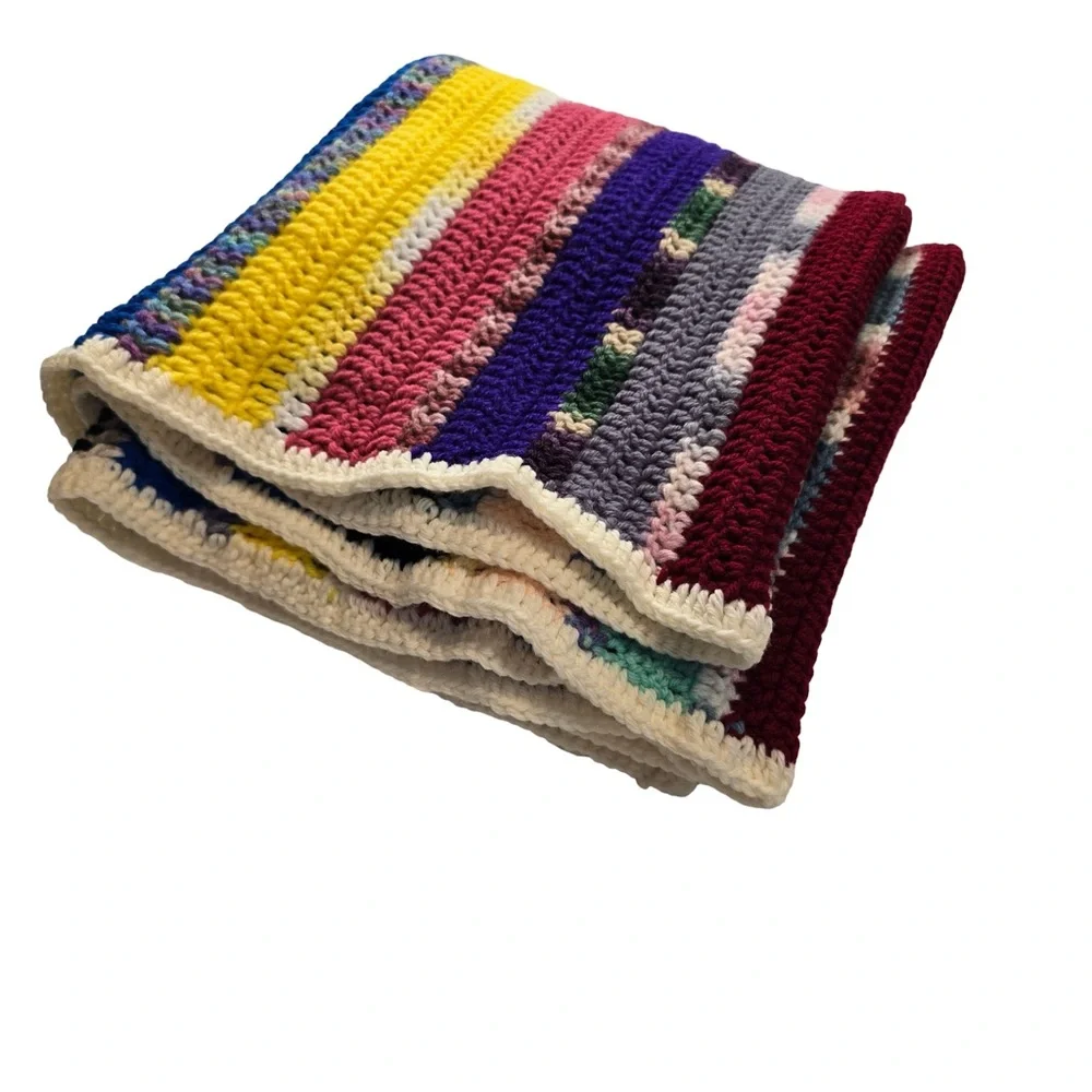 Handmade Crochet Afghan Blanket Boho‎ Colorful Stripe 48x50